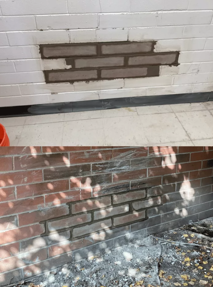 install new block and mortar, tuck point wall where lose mortar has fallen out around damaged area and painted the block wall on the inside