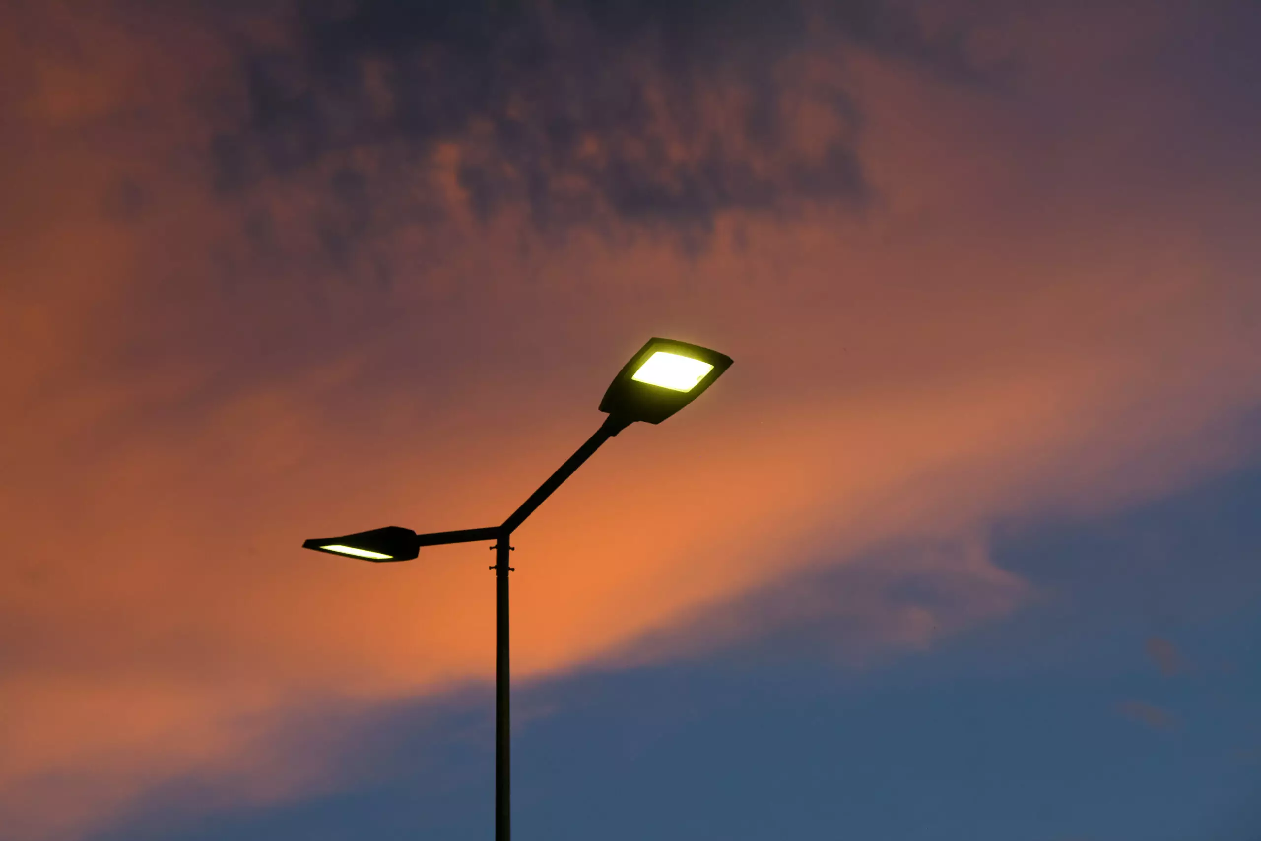 Public street lighting pole with LED lights with an amazing suns