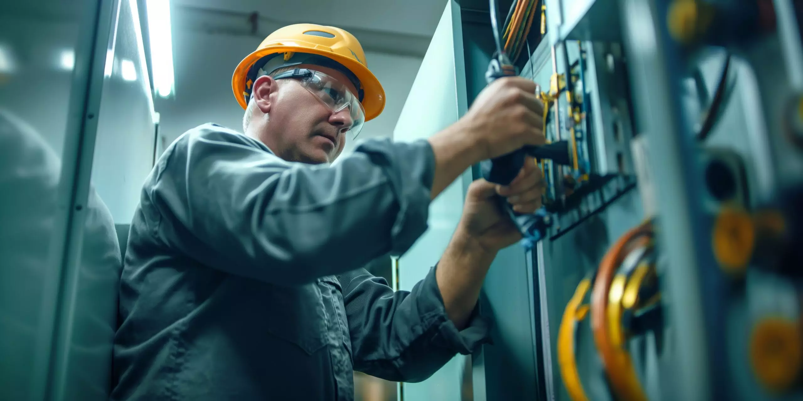 interior maintenance services - facility maintenance Skilled electrician installs or repairs components in an electrical panel with focus and expertise